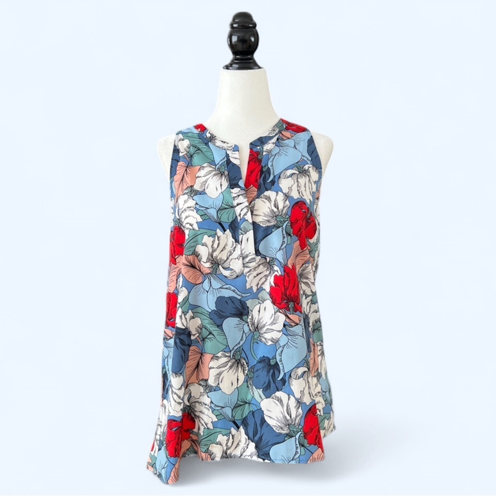 Dalia Women’s Colourful Red Blue Floral Sleeveless Blouse Art to  Wear Small
